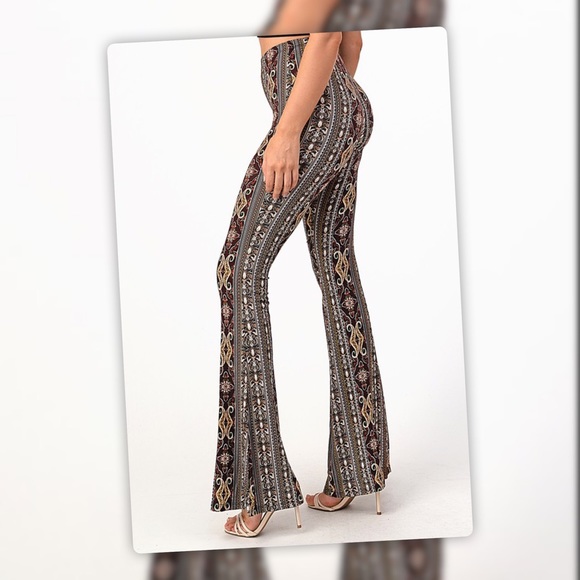 Tik Tok Famous Brown Multi Tribal Print Bell Bottom Flare Stretch Pants - Picture 7 of 12